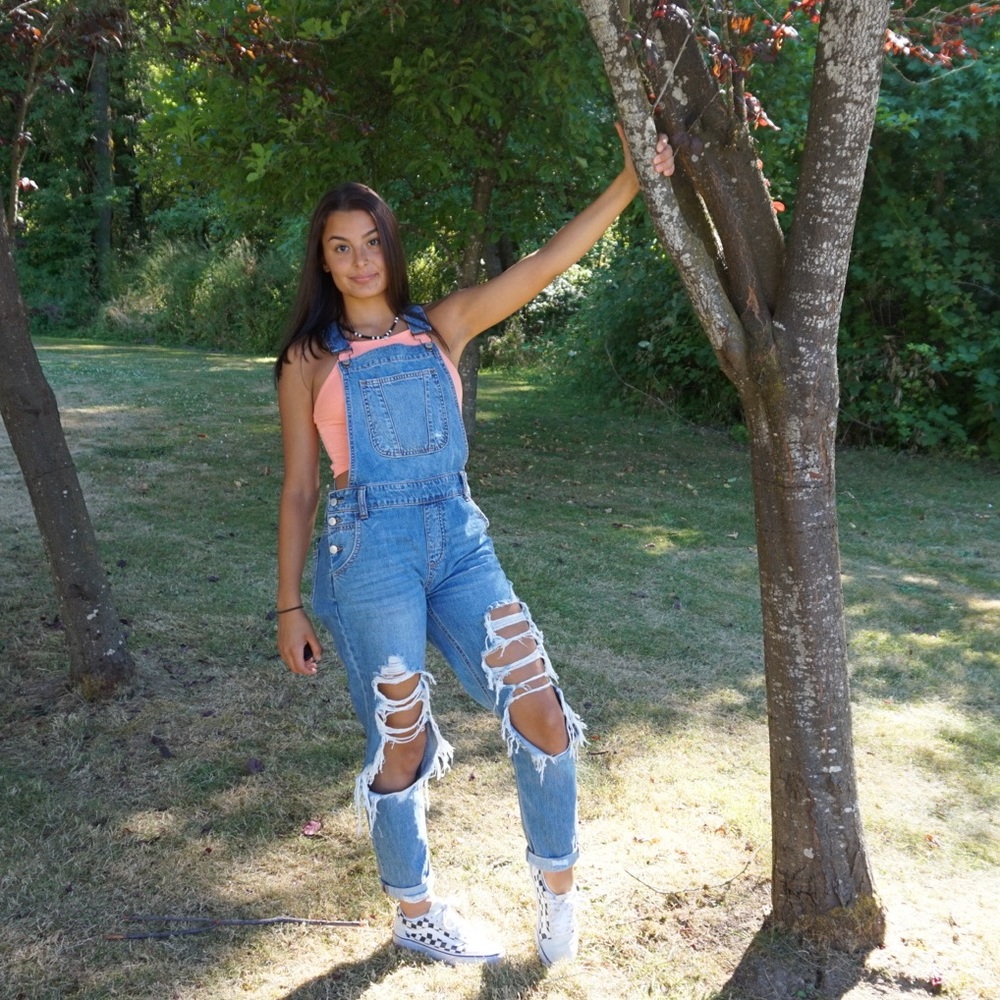 CELLO Denim BF Destroyed Long Overall W/double roll cuff, Size L